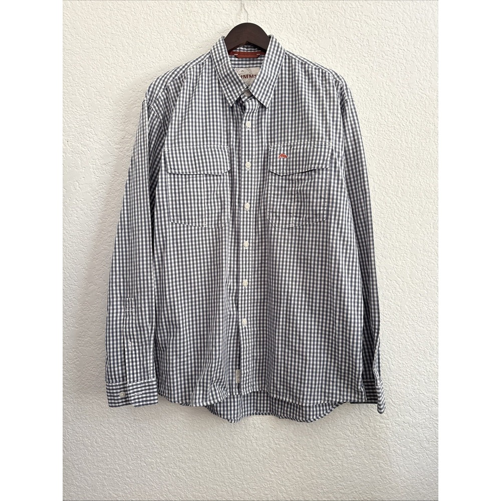 Simms Fishing Shirt White Gray Micro Check Plaid Button Down Mens L